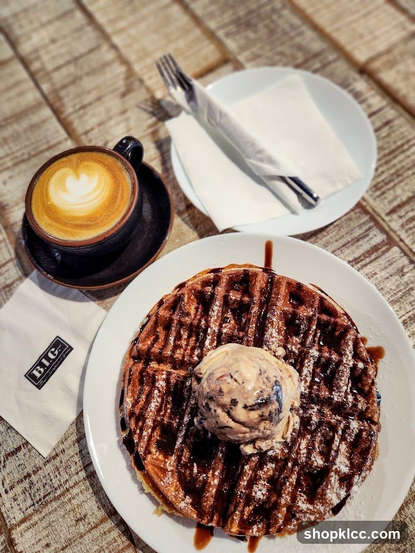 Waffle with Ice Cream and Coffee