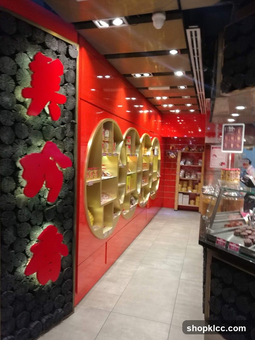Interior of a shop with red and gold accents