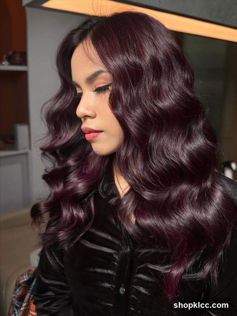 Woman with wavy dark hair and makeup