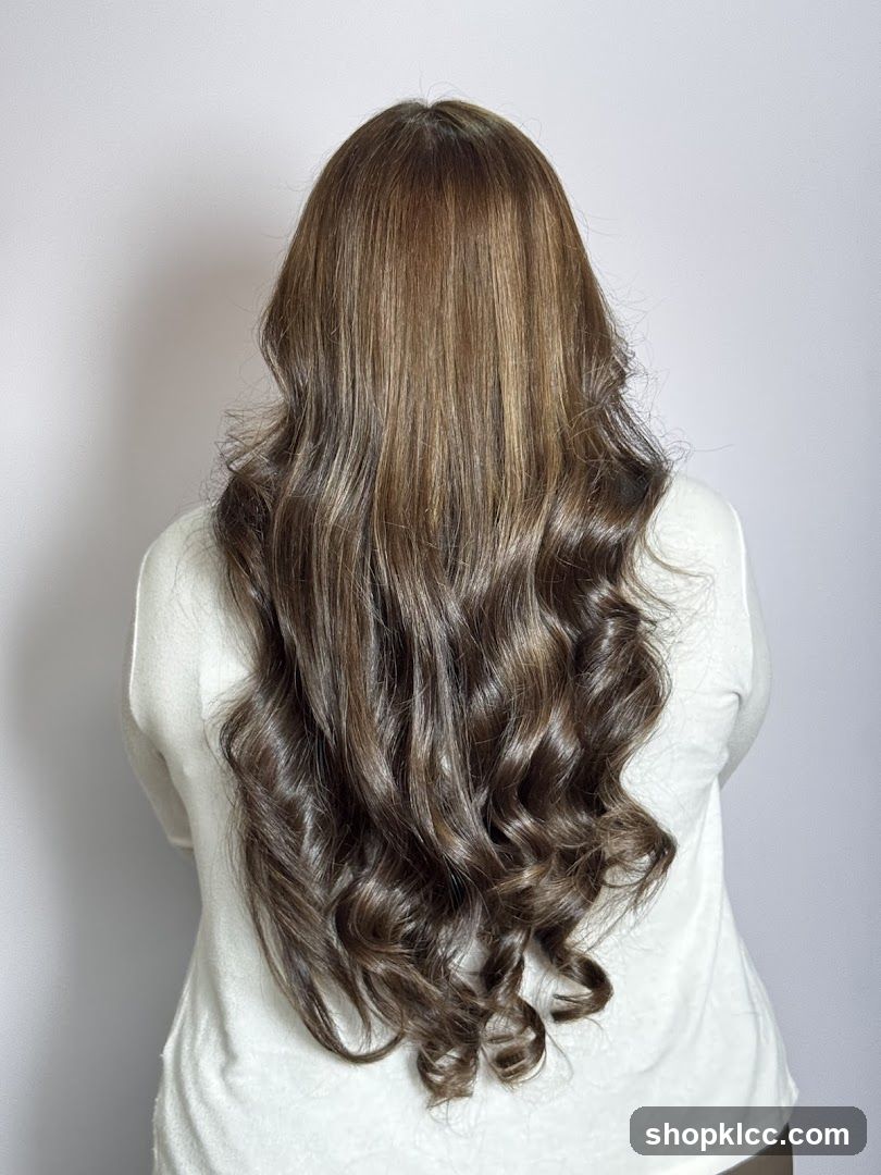 Woman with long, wavy, highlighted hair