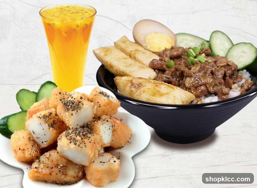 Taiwanese Braised Pork Rice Bowl with Fried Tofu and Passion Fruit Drink
