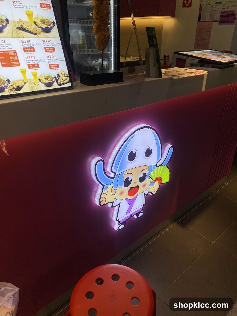 Counter with cartoon character and menu