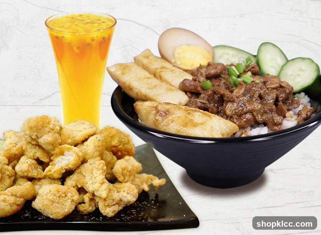 Taiwanese Braised Pork Rice Bowl with Fried Chicken and Passion Fruit Tea