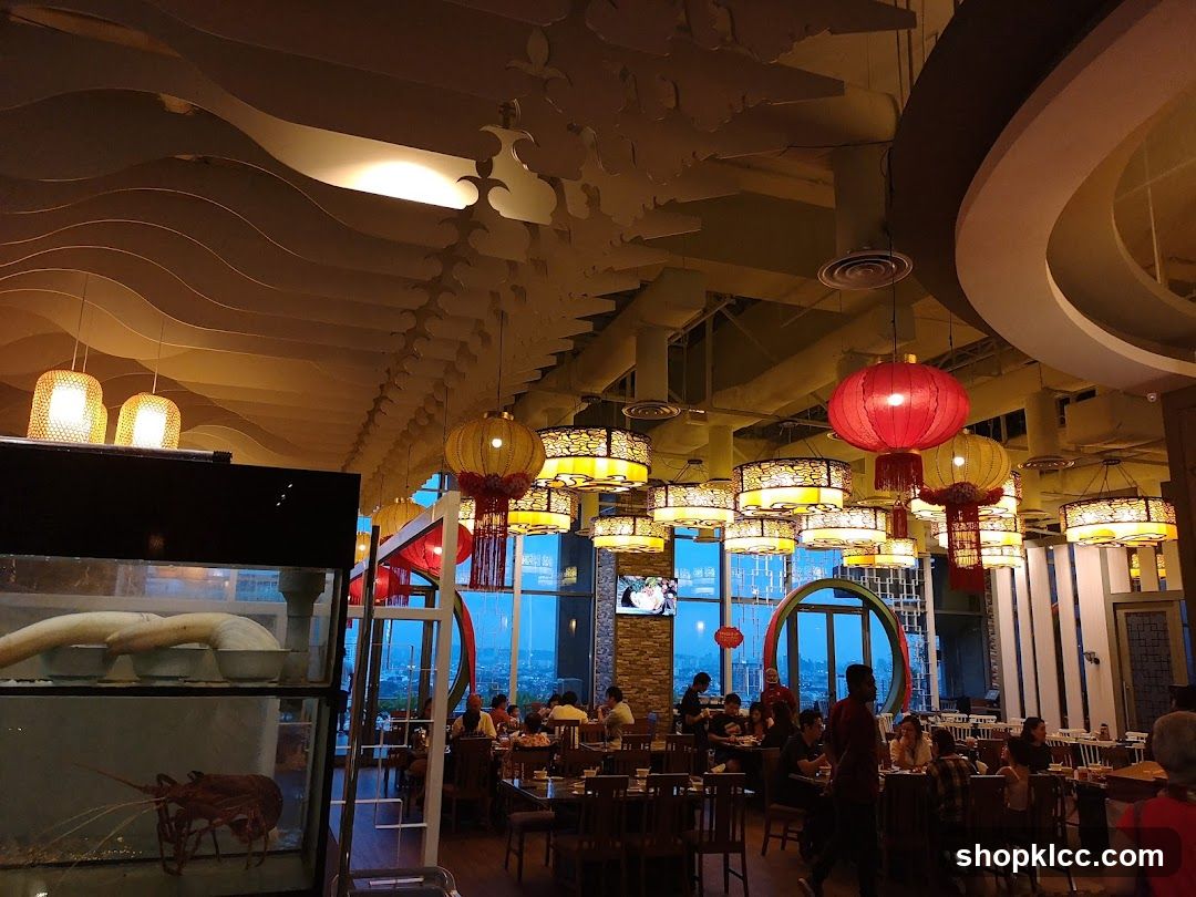 Restaurant Interior with Decorative Ceiling and Lanterns