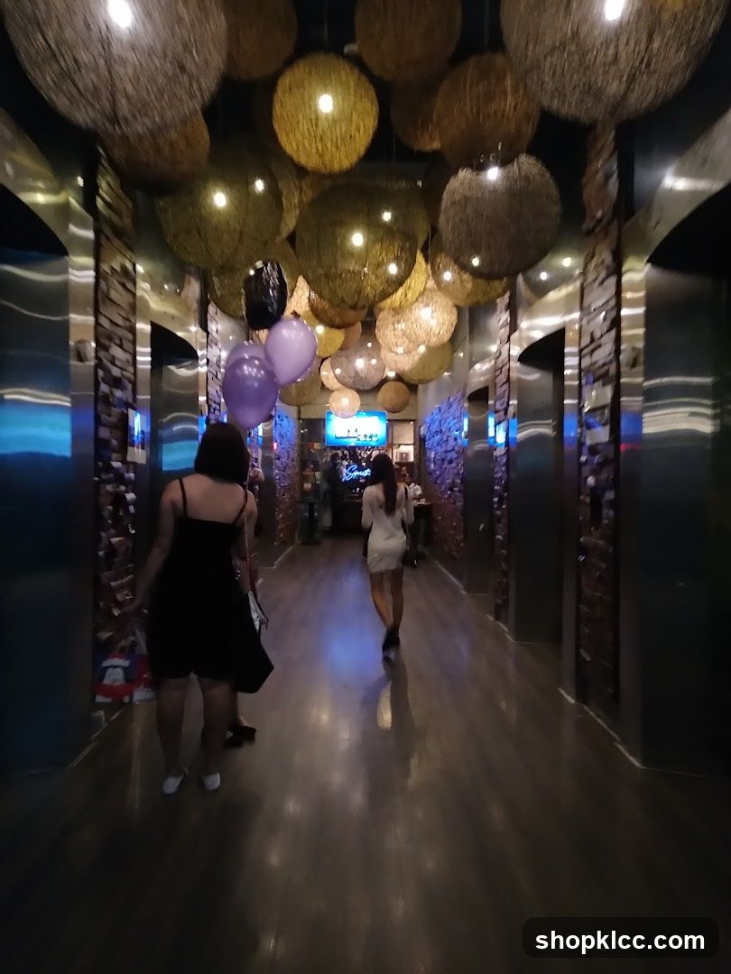 Decorated Hallway with Hanging Spheres