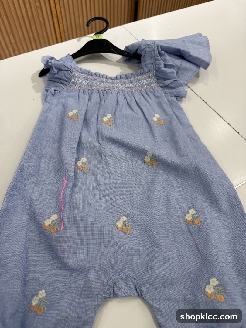 Blue Smocked Jumpsuit with Floral Embroidery