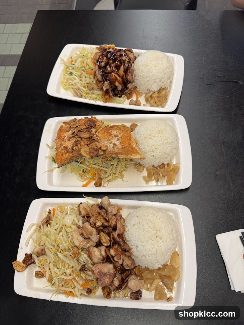 Three Entrees with Rice and Vegetables