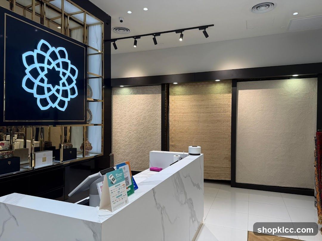 Store Interior with Displayed Rugs and Counter