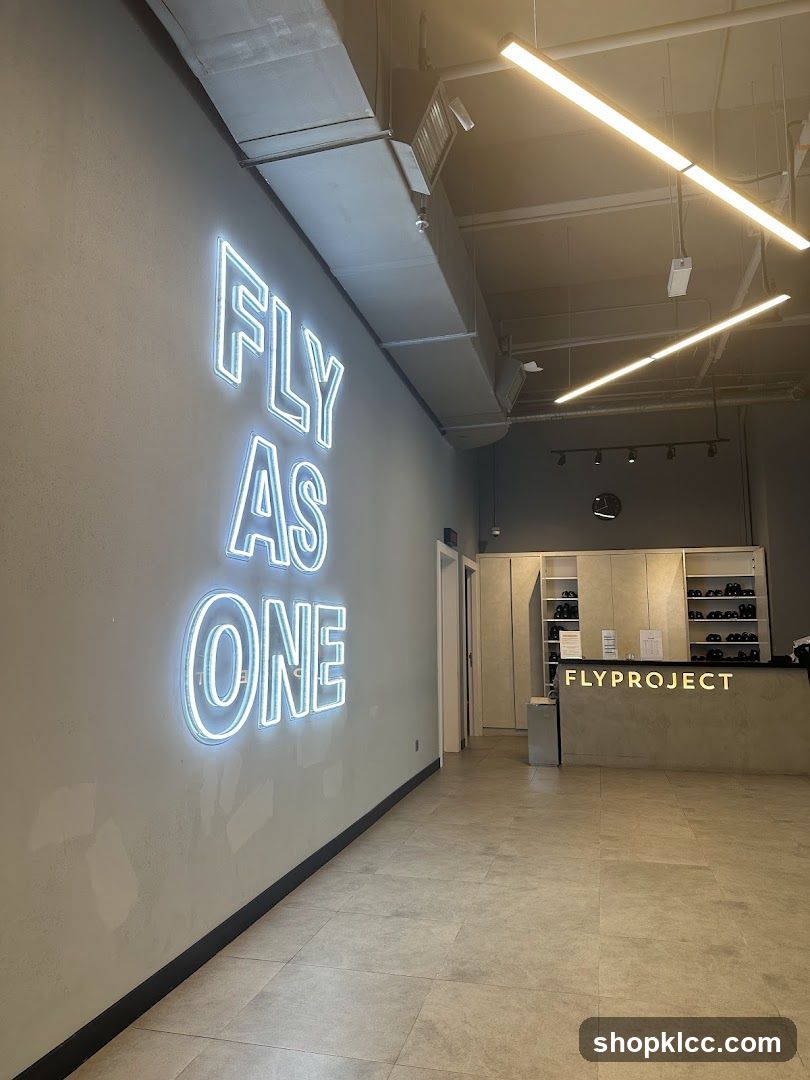 Interior of a modern studio with neon sign