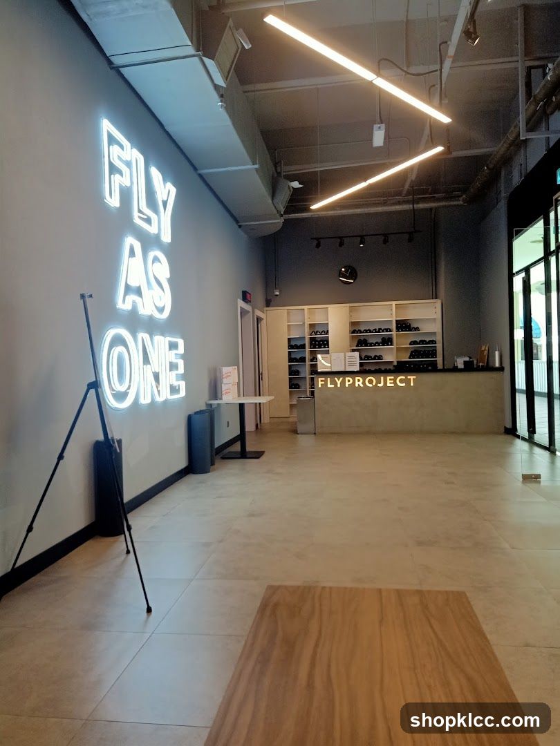Interior of a modern space with neon sign