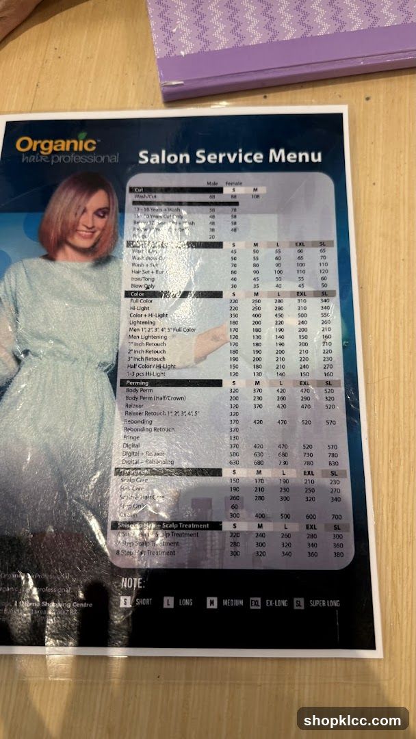 Organic Hair Professional Salon Service Menu