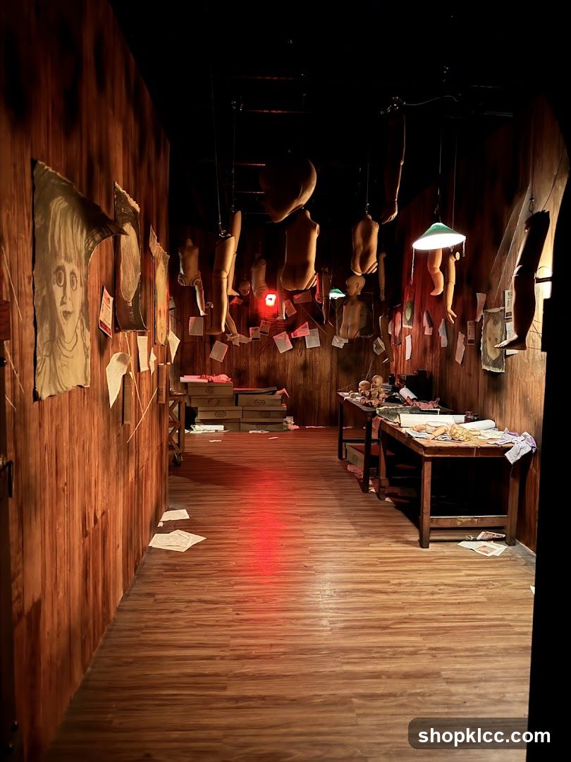 Dark Interior with Hanging Objects and Posters