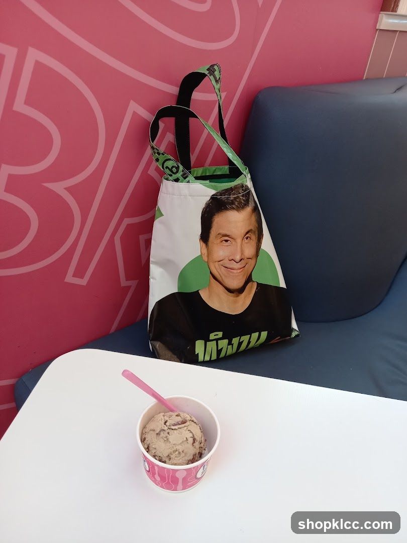 Ice cream cup and tote bag in a shop interior