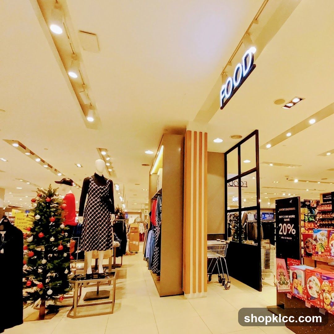 Shopping Mall Interior with Food Section and Christmas Decorations