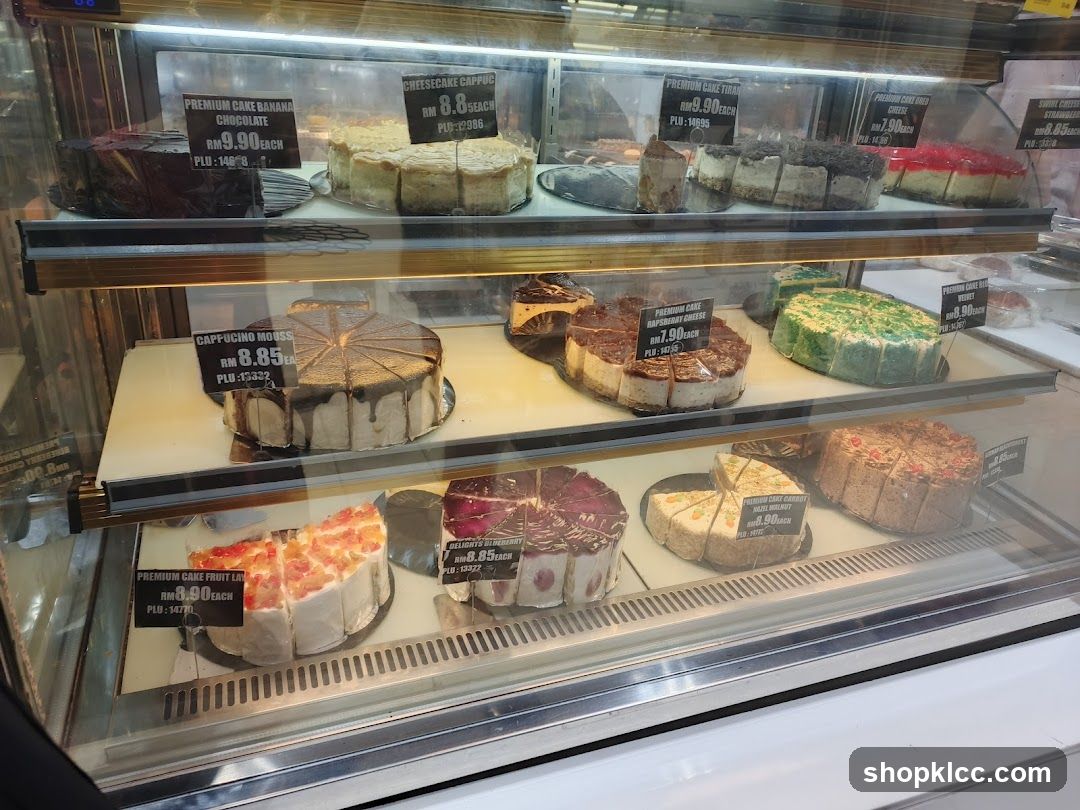 Cakes in a display case