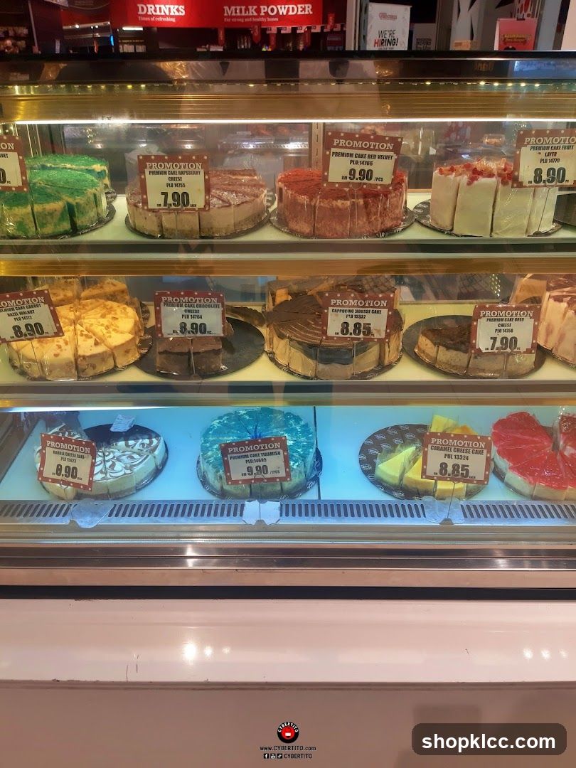 Cakes in a display case