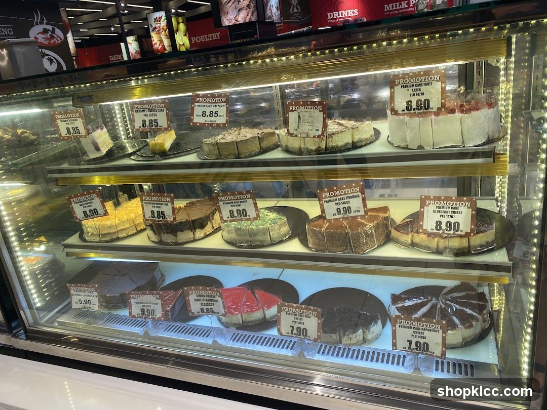 Cakes in a display case