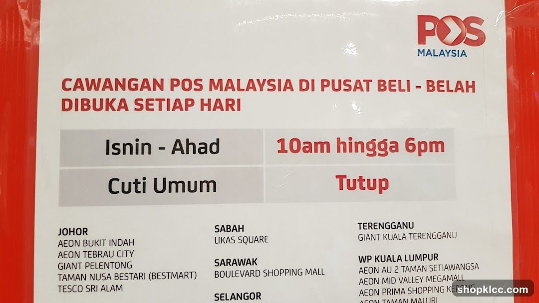POS Malaysia Shopping Centre Branch Hours Notice