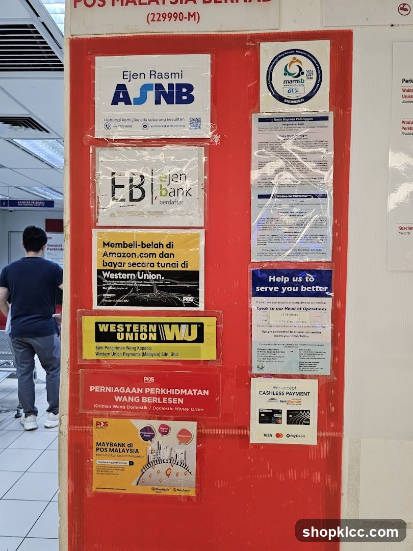 Red notice board with service posters