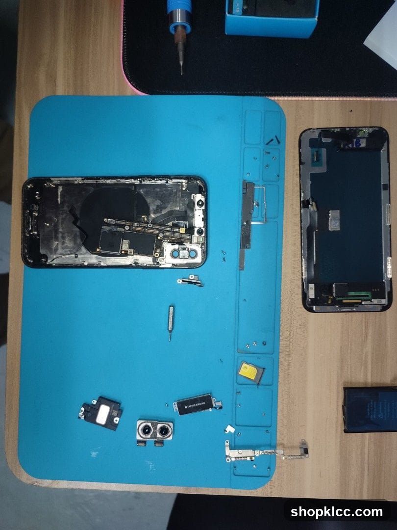 Disassembled Smartphone on Blue Mat