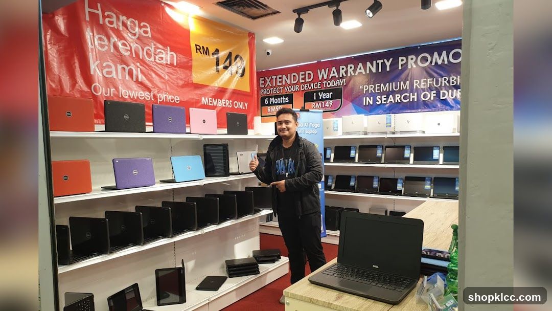 Laptop Store Interior with Promotions
