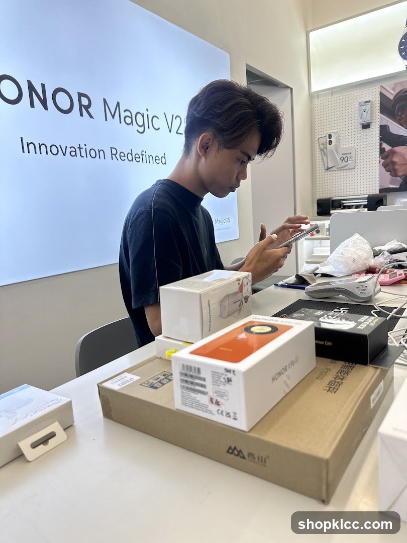 Man using a smartphone in a store
