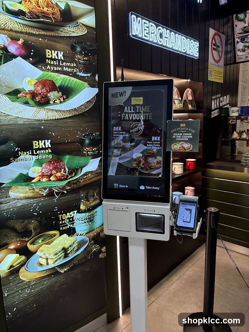 Self-order kiosk with food advertisements
