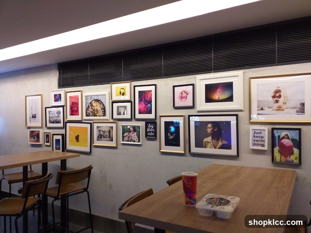 Interior of a cafe with framed art on the wall