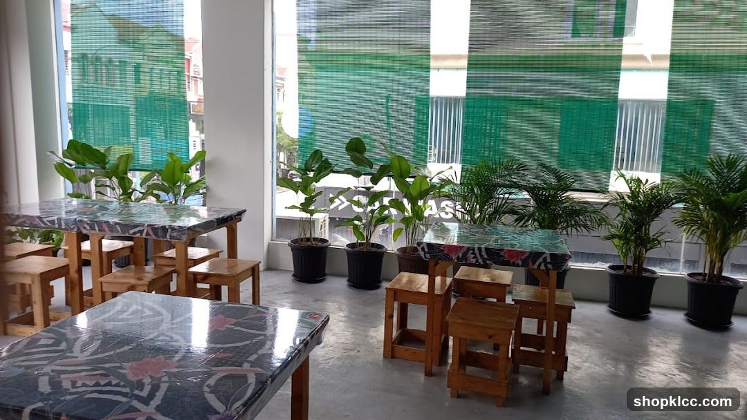 Cafe Interior with Plants and Tables