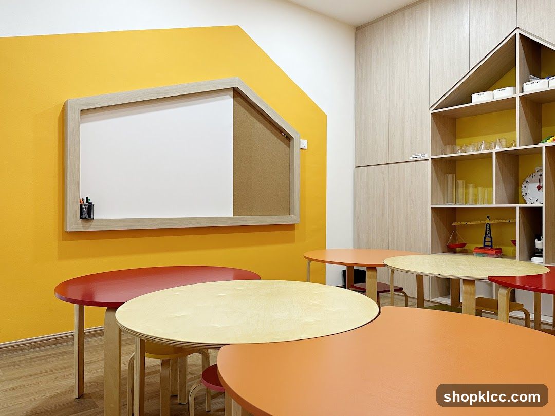 Classroom with colorful tables and whiteboard
