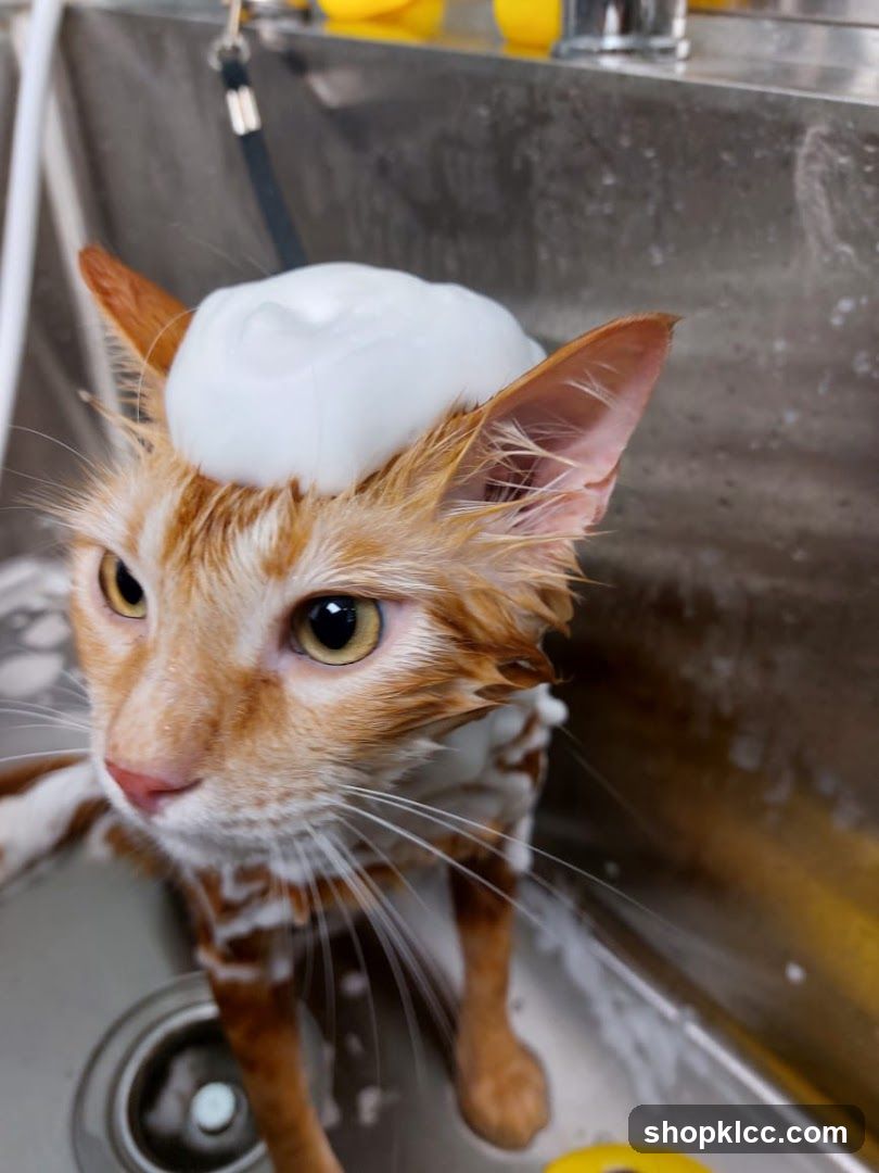 Cat getting a bath