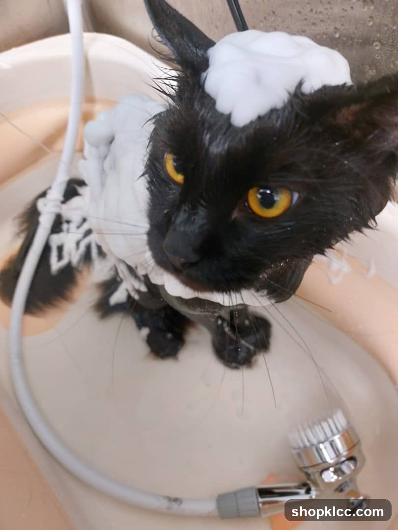 Black cat being bathed