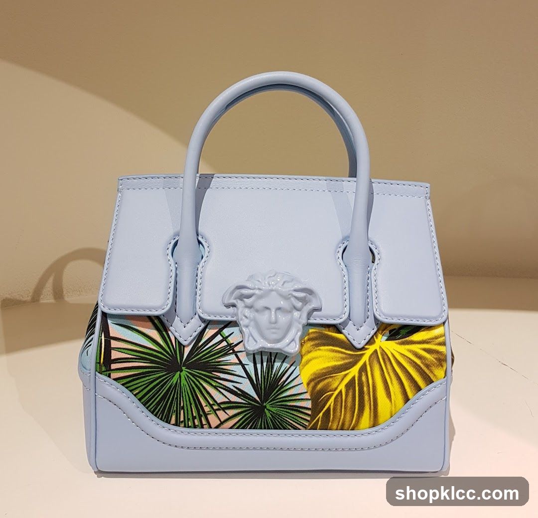 Light Blue Handbag with Medusa Head and Tropical Print