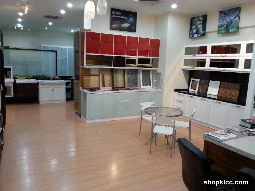 Interior of a showroom with kitchen and bathroom displays