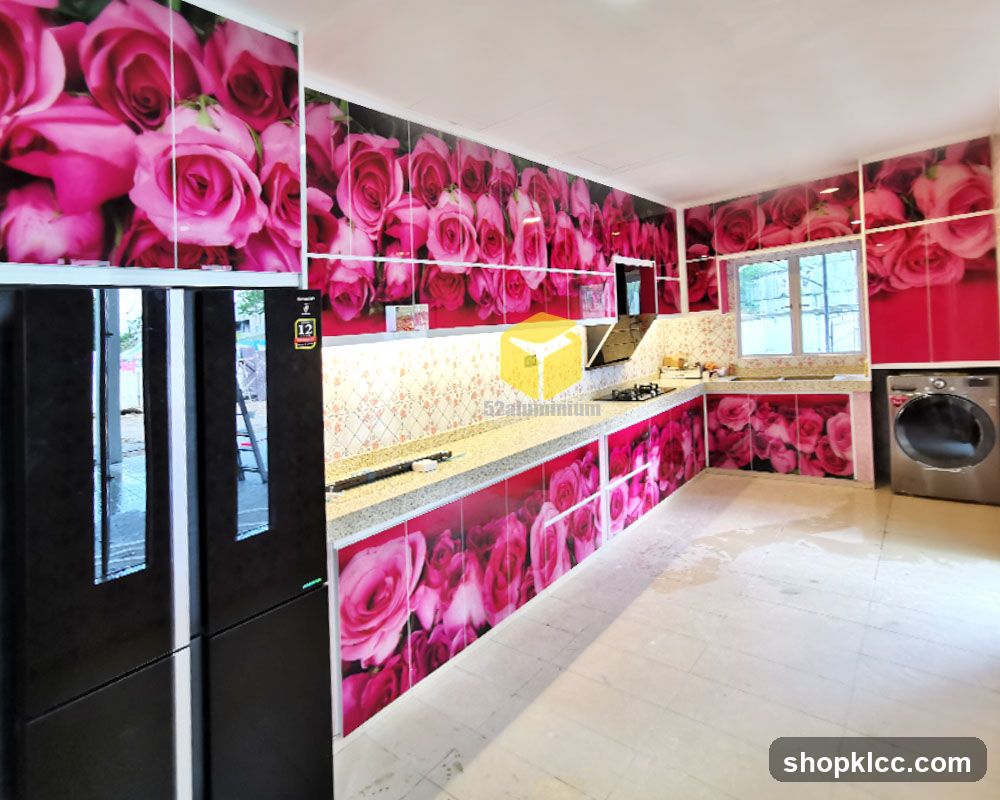 Kitchen with Rose-Themed Cabinetry