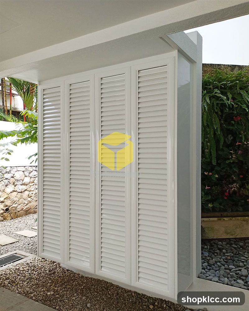 White Louvered Doors with Yellow Logo
