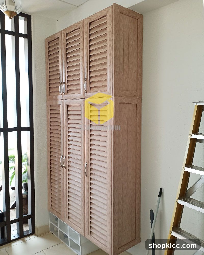 Tall Wooden Cabinet with Louvered Doors