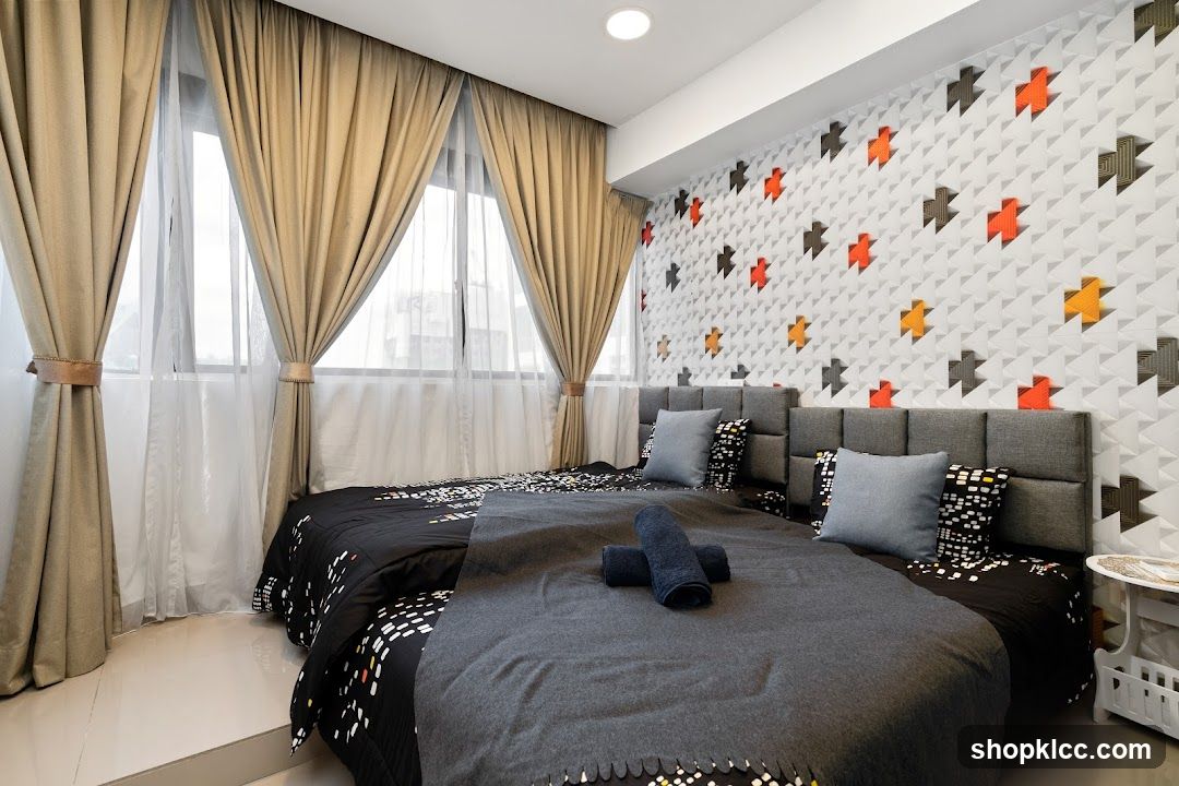 Modern Bedroom with Geometric Wallpaper