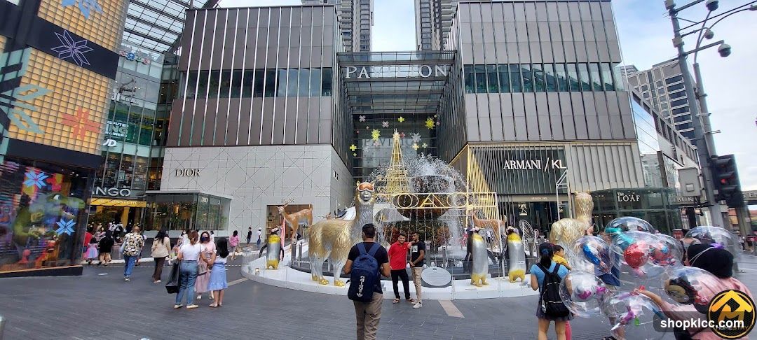 Outdoor shopping mall with festive decorations