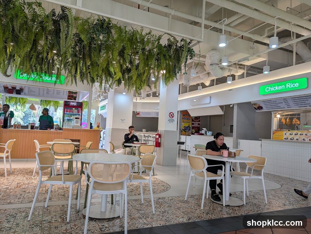 Food court with seating and food stalls