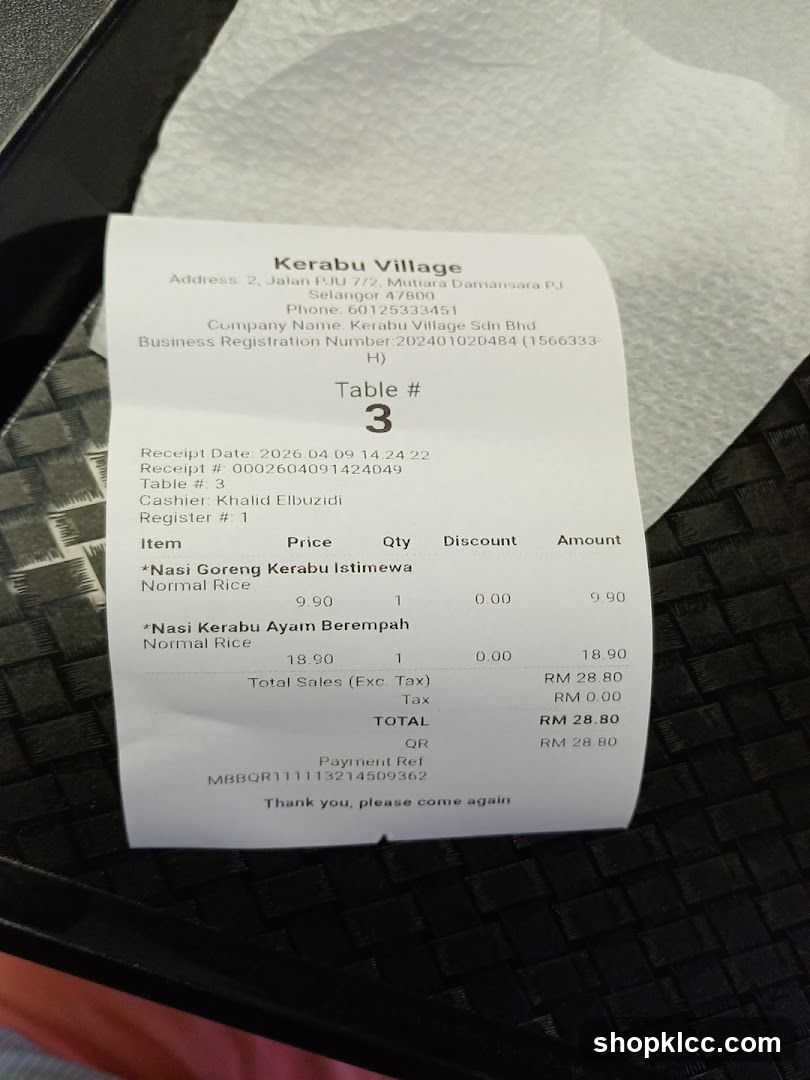 Kerabu Village Receipt
