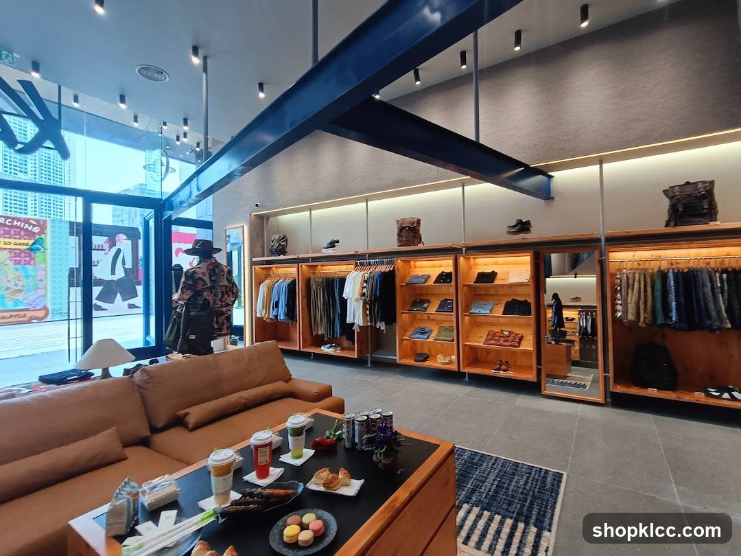 Clothing store interior with display shelves and seating area