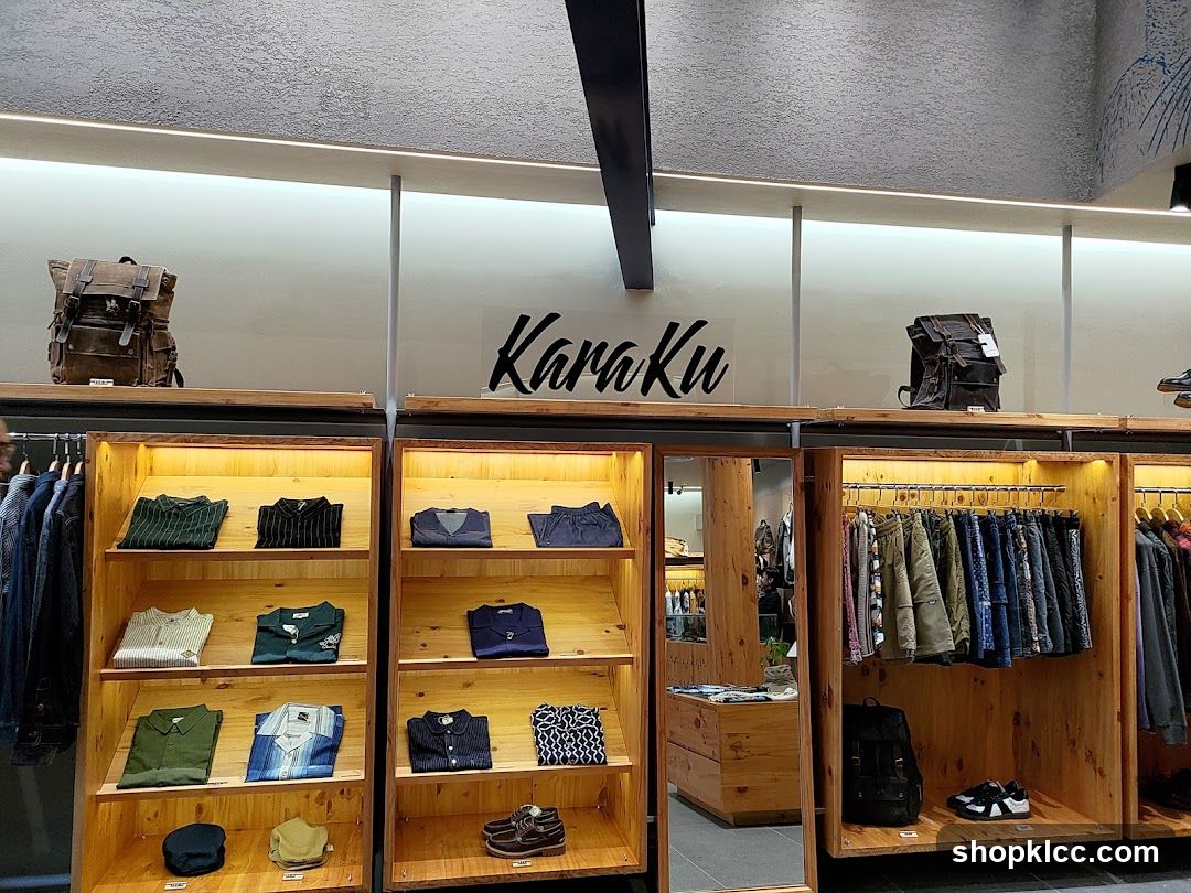 Clothing store interior with display shelves and racks