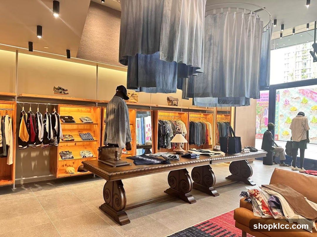 Clothing store interior with display tables and racks
