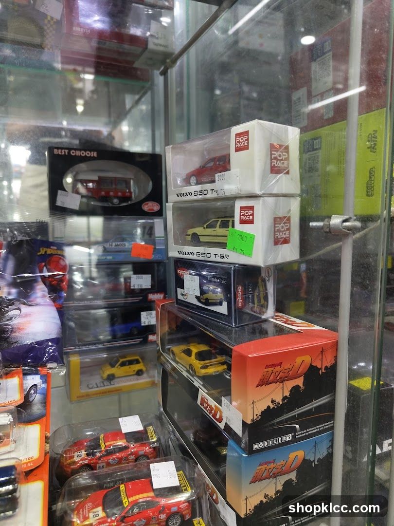 Die-cast car models on display