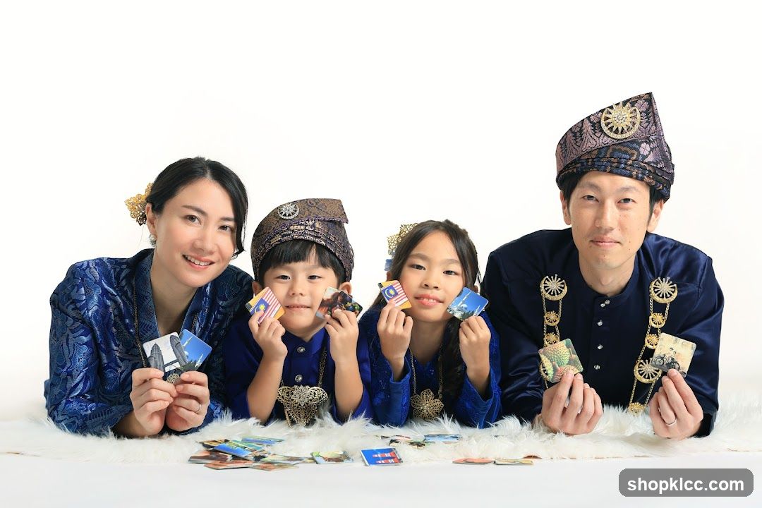 Family in Traditional Attire Holding Cards