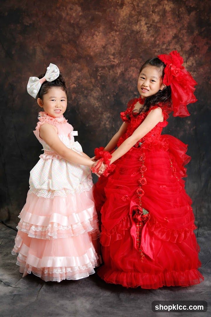 Two young girls in formal dresses
