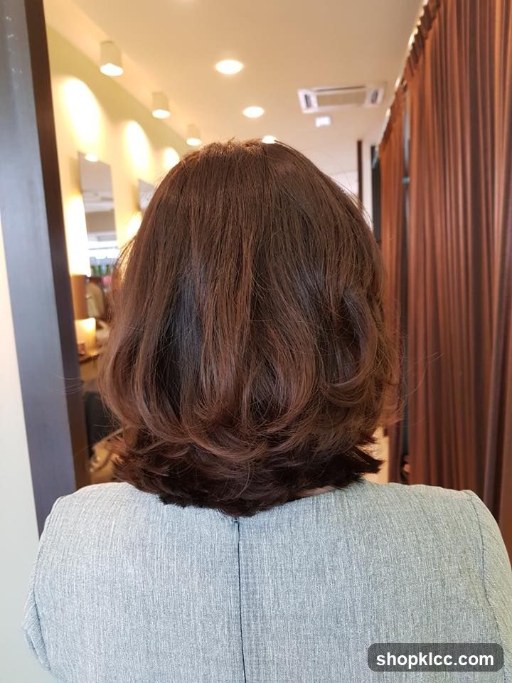 Back of a person with styled brown hair in a salon