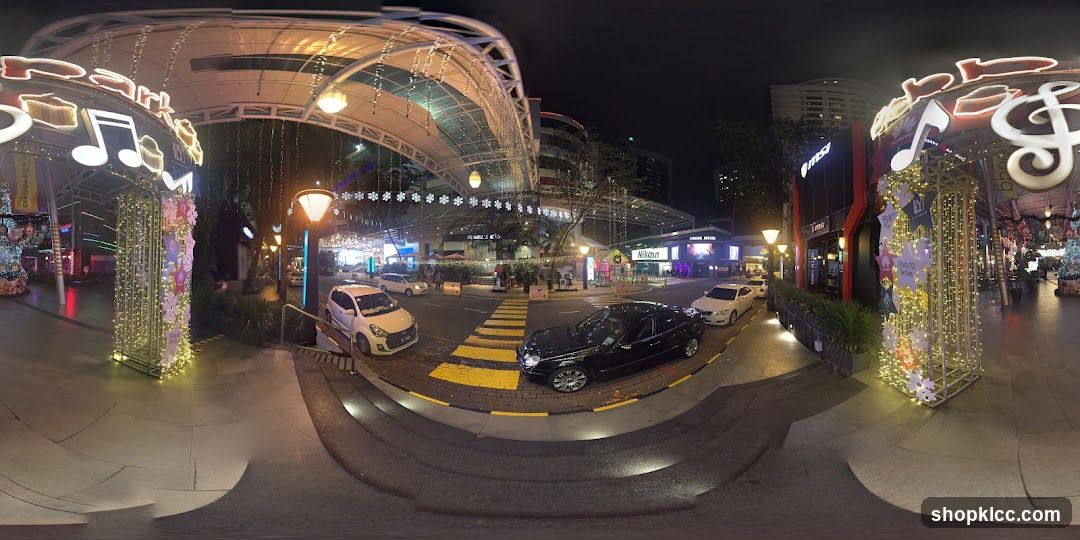 Nighttime street scene with festive decorations