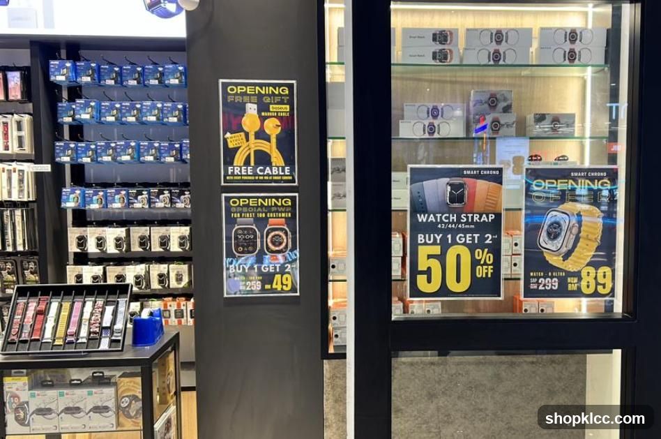 Storefront displays with promotional posters and merchandise